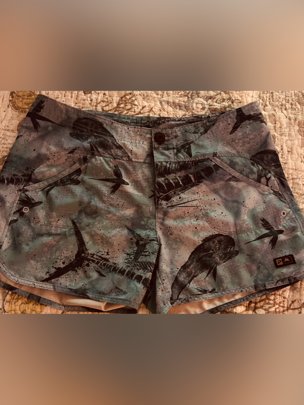 Pelagic Light Blue and Navy Fish Print Fishing Shorts Size 6